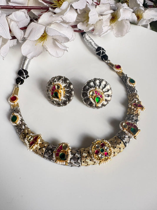 Rajwadi Veena Dual Tone SLA Hasli Necklace Set | Premium Kundan Fusion Hasli with Earring