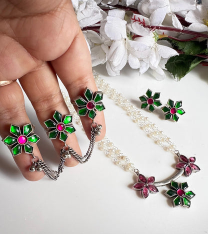 Aaradhya Premium Kundan Jewellery Combo Set | Pearl Necklace, Adjustable Triple Finger Ring & Kundan Tops