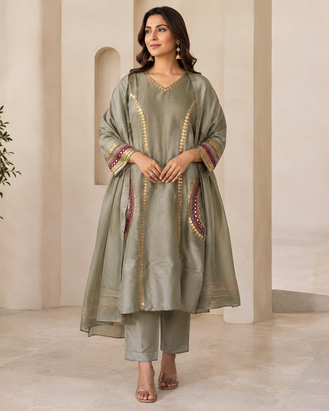 Aavriti Gulabika Pastel Tissue Silk Stitched Suit Set with Handwork, Organza Dupatta & Silk Pants