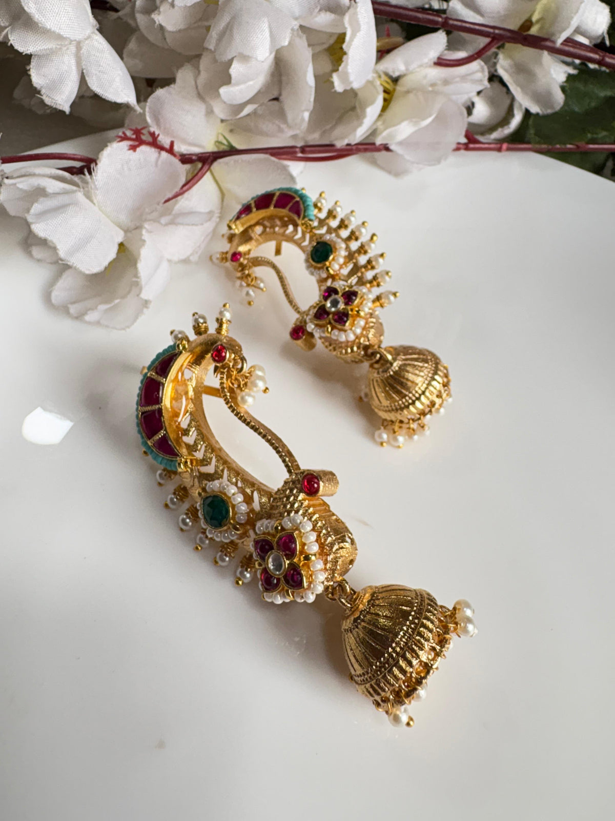 Temple Peacock Kundan Ear Cuffs with Gold Polish & Engraved Jhumka | Bridal Statement Earrings | Alankrent Luxe by Alankrent
