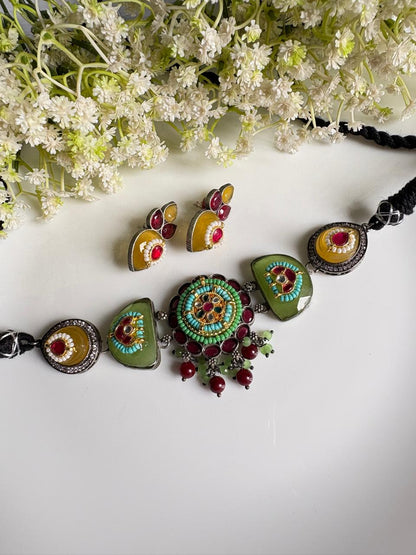 Rangavalli Kundan Fusion Multicolour Stone Choker Necklace Set with Earrings – Silver Look-Alike Indian Jewellery