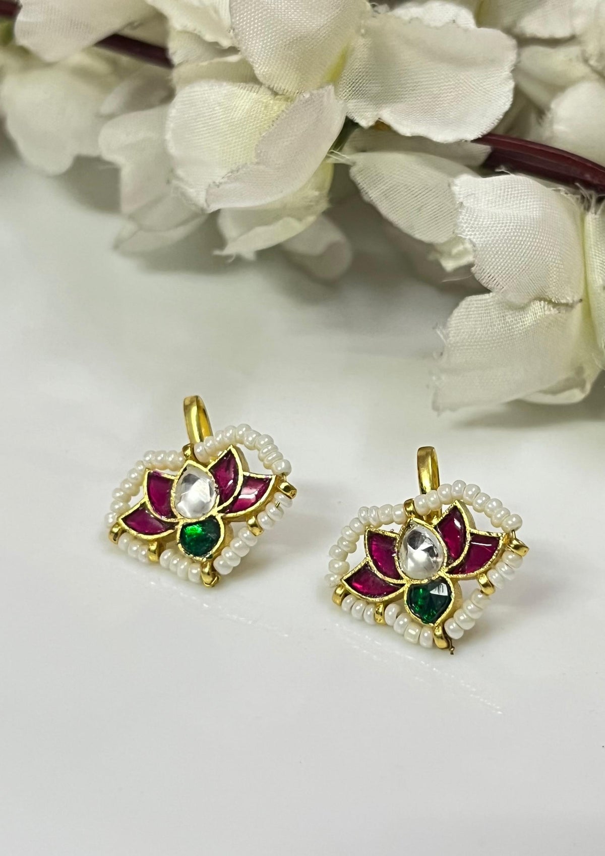 Padmika Kundan Lotus Earclips |Premium Lotus Kundan Earclips | Gold Temple Stud Earrings with Pearl & Turquoise | Alankrent Luxe by Alankrent