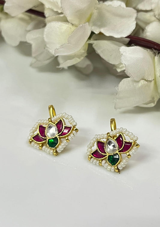Padmika Kundan Lotus Earclips |Premium Lotus Kundan Earclips | Gold Temple Stud Earrings with Pearl & Turquoise | Alankrent Luxe by Alankrent