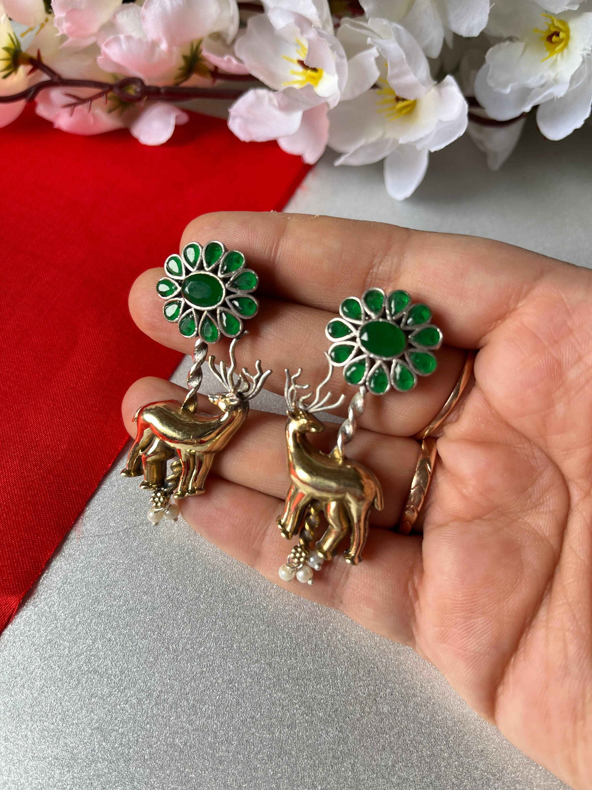 Stone SLA Dual Tone Deer Earrings Blue and Green Variant Kundan Style Statement Earrings Alankrent
