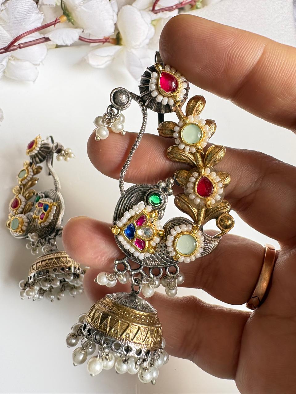 Mayura Pushpa Pachi Kundan Fusion SLA Ear Cuff Earrings | Peacock Pearl Jhumka Statement Ear Cuffs for Women
