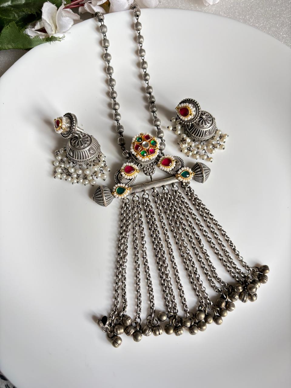 Meher Jhalar SLA Long Necklace Set with Kundan Fusion & Jhumka Earrings | Premium Ethnic Jewellery