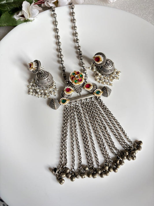 Meher Jhalar SLA Long Necklace Set with Kundan Fusion & Jhumka Earrings | Premium Ethnic Jewellery