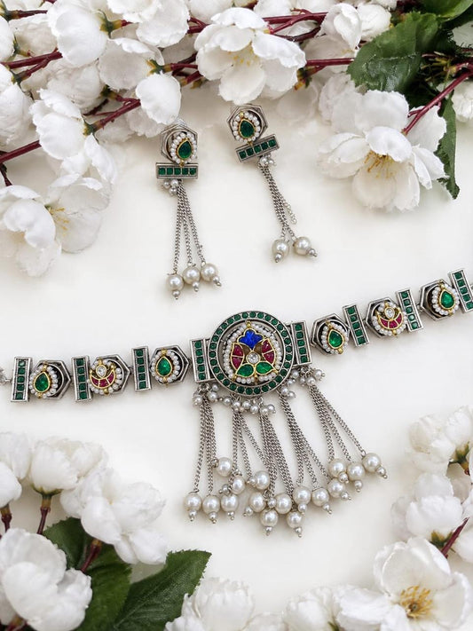 Aaradhya Kundan Fusion Necklace with Pearl Tassels & Earrings | Navratri Jewellery