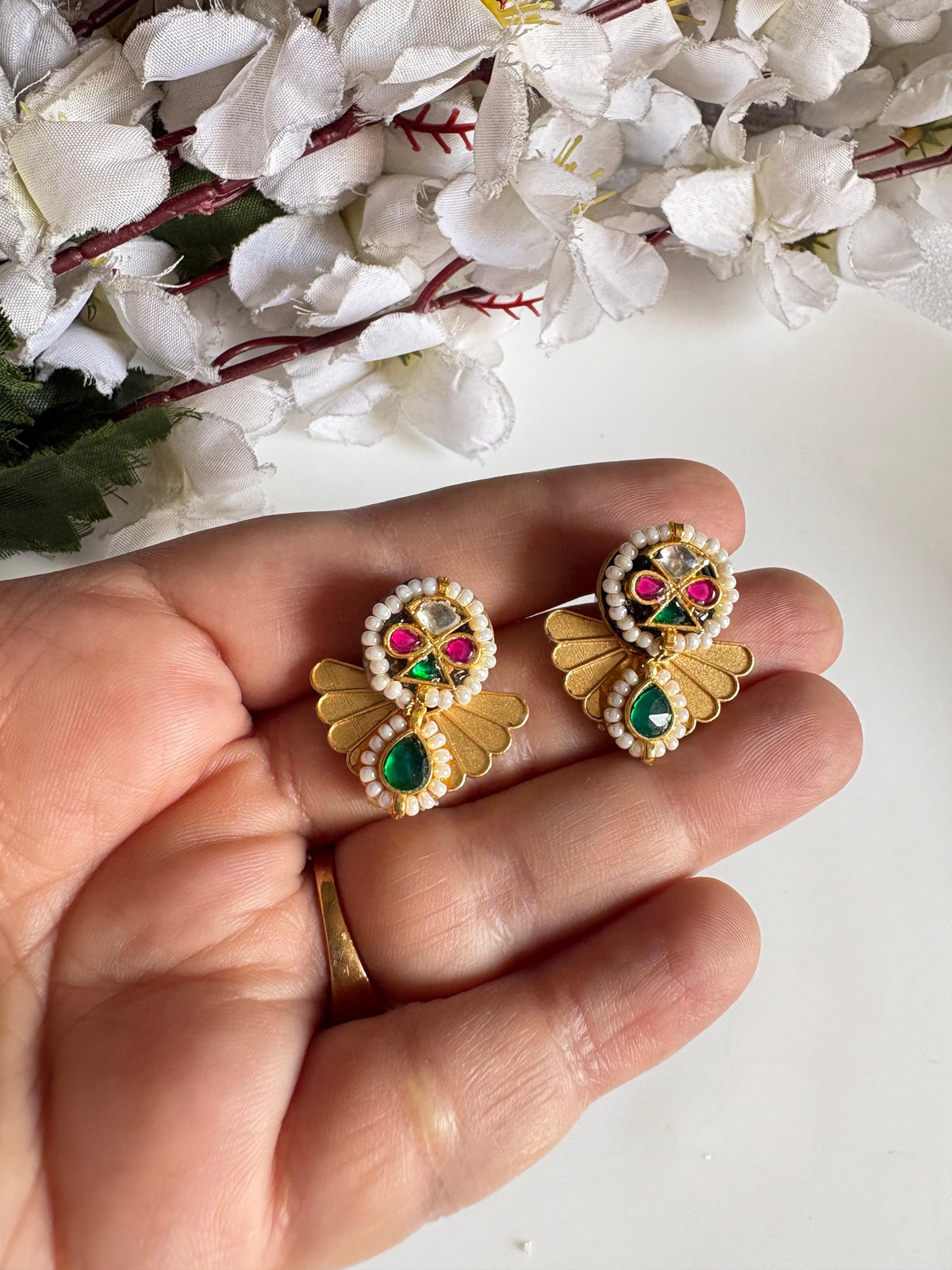 Kanika Apala Gold Matt Polish Kundan Earrings with Pearl Detailing & Emerald Drop | Budget Friendly Ethnic Jewellery | Alankrent by Alankrent