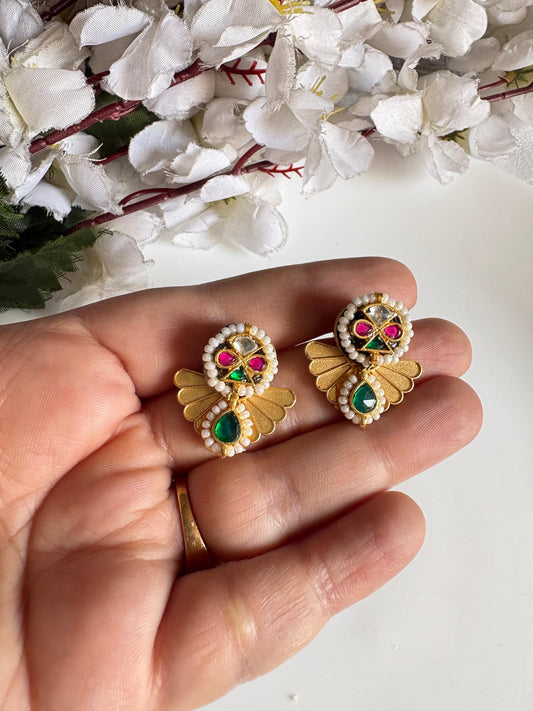 Kanika Apala Gold Matt Polish Kundan Earrings with Pearl Detailing & Emerald Drop | Budget Friendly Ethnic Jewellery | Alankrent by Alankrent