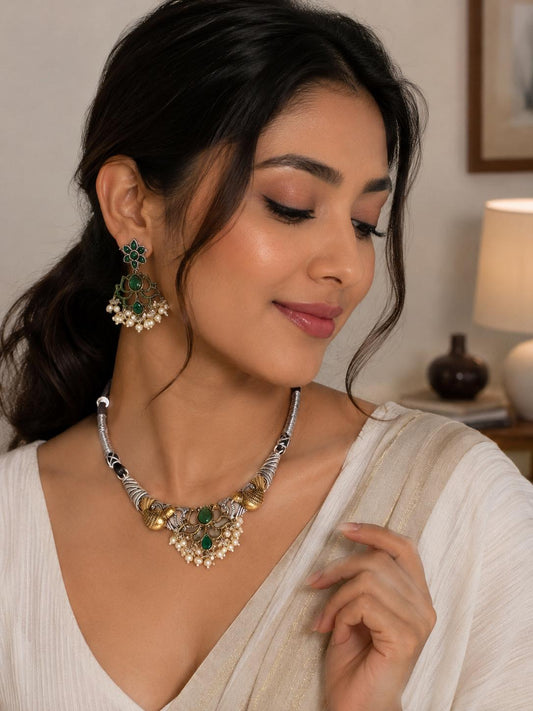 Mayurika Dualtone Thread Necklace Set with Lotus Pendant & Earrings