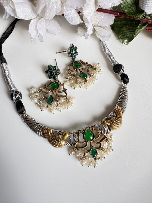 Mayurika Dualtone Thread Necklace Set with Lotus Pendant & Earrings