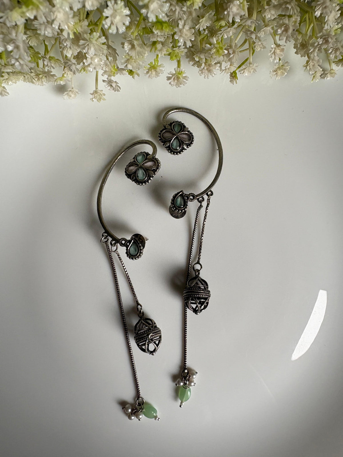 Vihangika Bird Stone Statement Earrings with Pearl Detailing