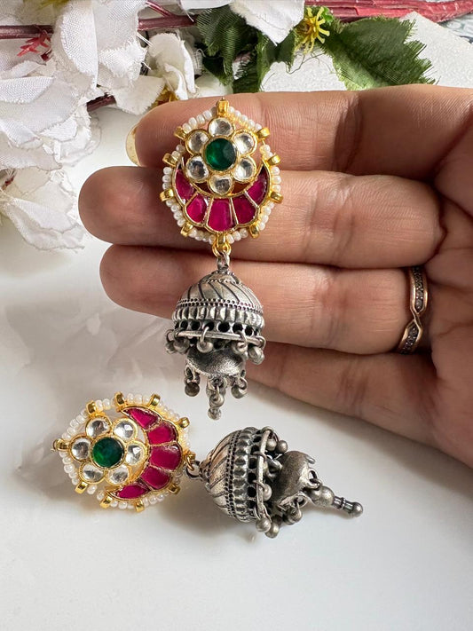 Padmika SLA Kundan Fusion Jhumka Earrings – Dual Tone Silver Look Alike Traditional Jhumki for Women