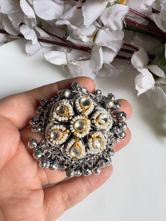 Zilmil Kundan Ring | Silver Tone Ghungroo Statement Ring for Women
