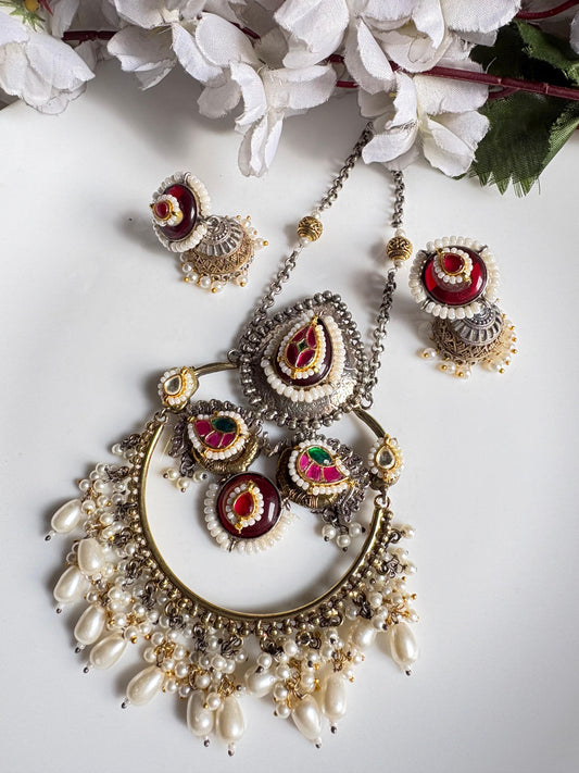 Mrinalini SLA Dualtone Long Necklace Set with Kundan Fusion & Pearl Drops