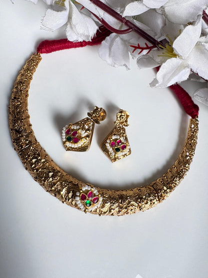 Rajwadi Gold Textured Hasli Necklace Set with Jaipur Kundan | Floral Designer Choker