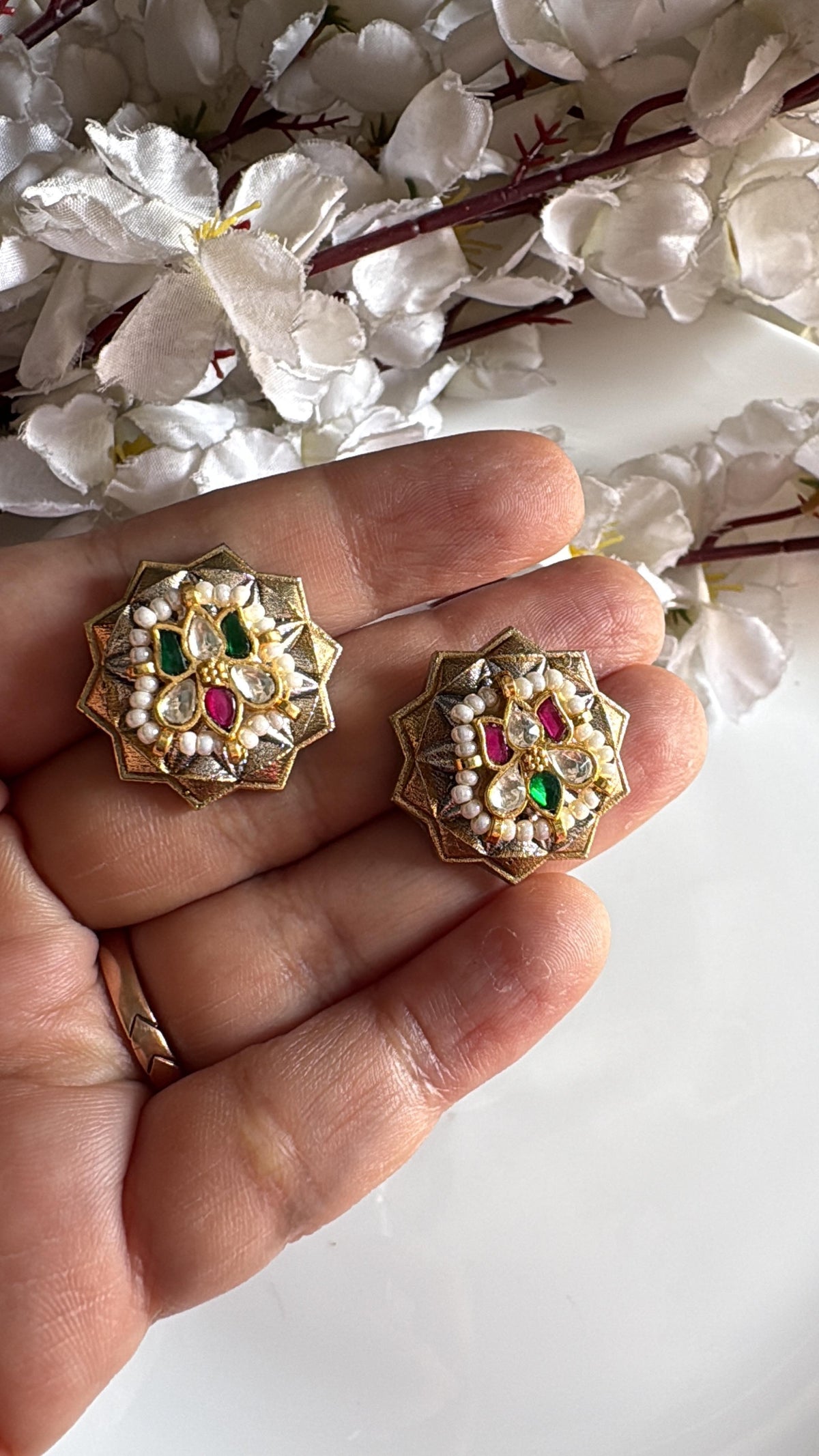Varnika Pushp SLA Dualtone Kundan Stud Earrings with Pearl Detailing & Pink Green Stones | Budget Friendly Ethnic Jewellery | Alankrent by Alankrent