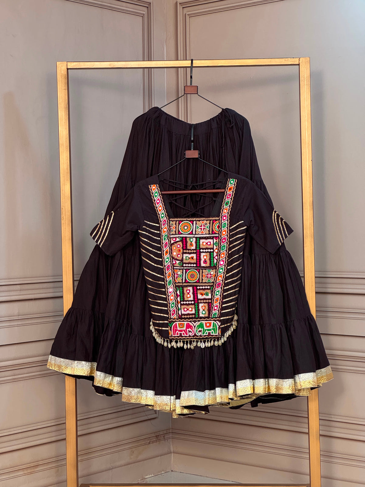 Kutchira-Raas Kora Cotton Chaniya Choli | 12 Meter Flare Kutchi Patchwork Navratri Lehenga