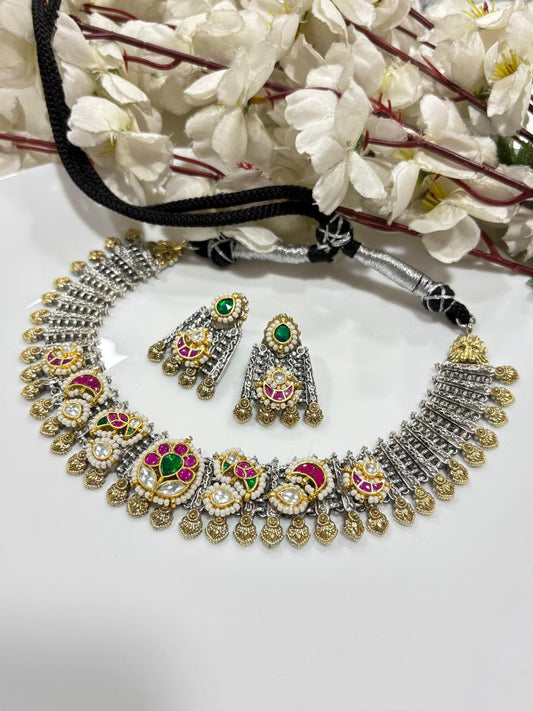 Vintage Dual-Tone SLA Kundan Statement Necklace Set with Earrings  Handcrafted Festive Jewellery by Alankrent