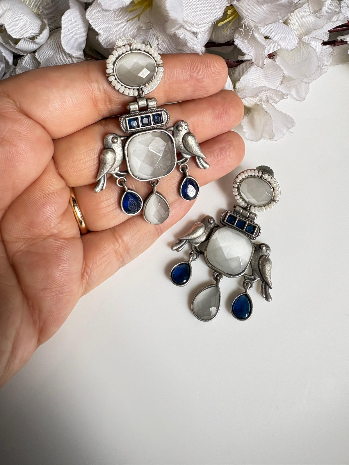 Vihangika Bird Stone Statement Earrings with Pearl Detailing