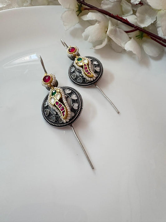 Morni Rajwadi SLA Needle Kundan Earrings – Antique Peacock Fusion Pearl Statement Earrings