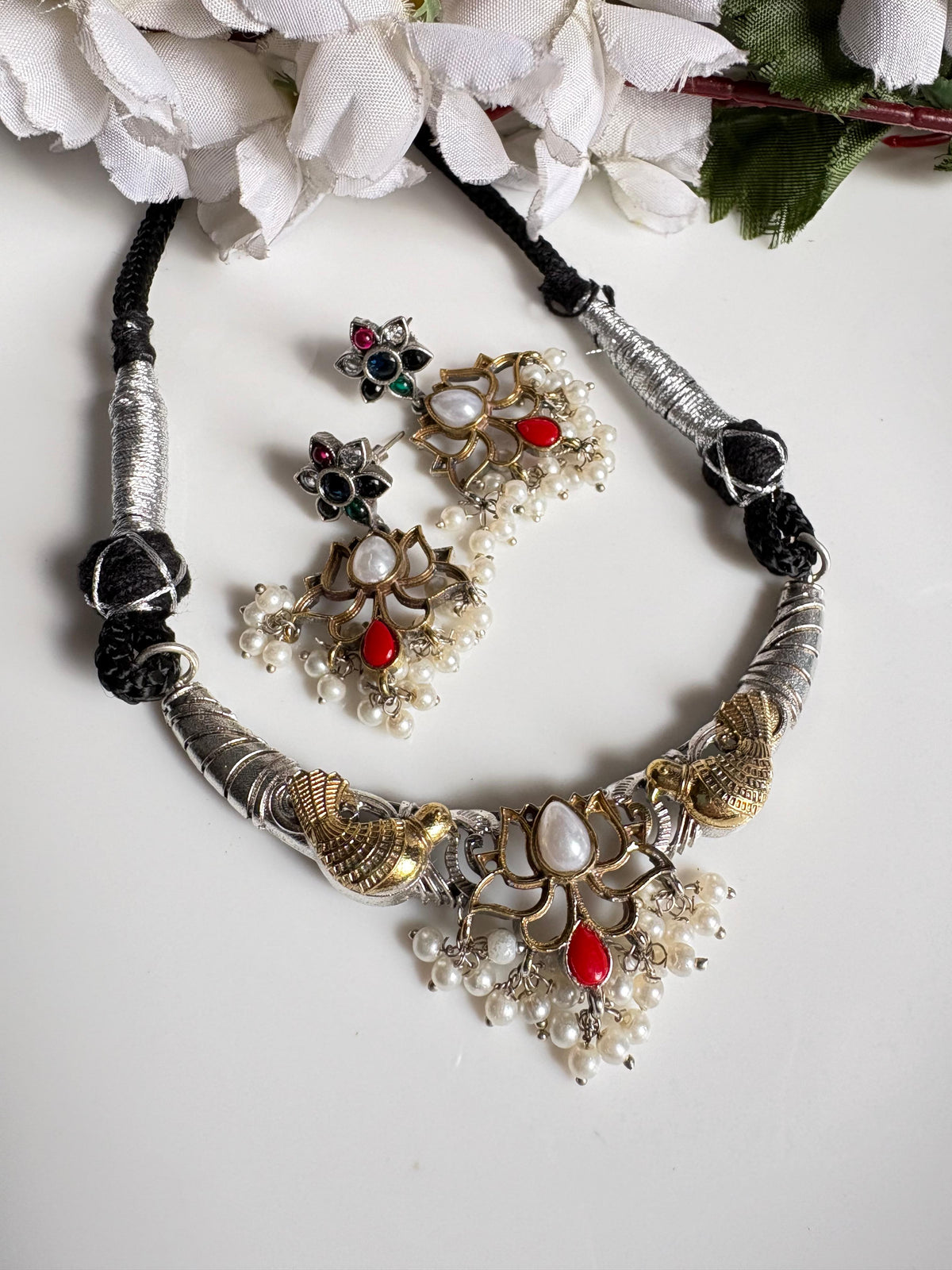 Mayurika Dualtone Thread Necklace Set with Lotus Pendant & Earrings