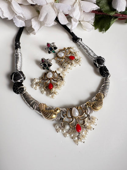 Mayurika Dualtone Thread Necklace Set with Lotus Pendant & Earrings