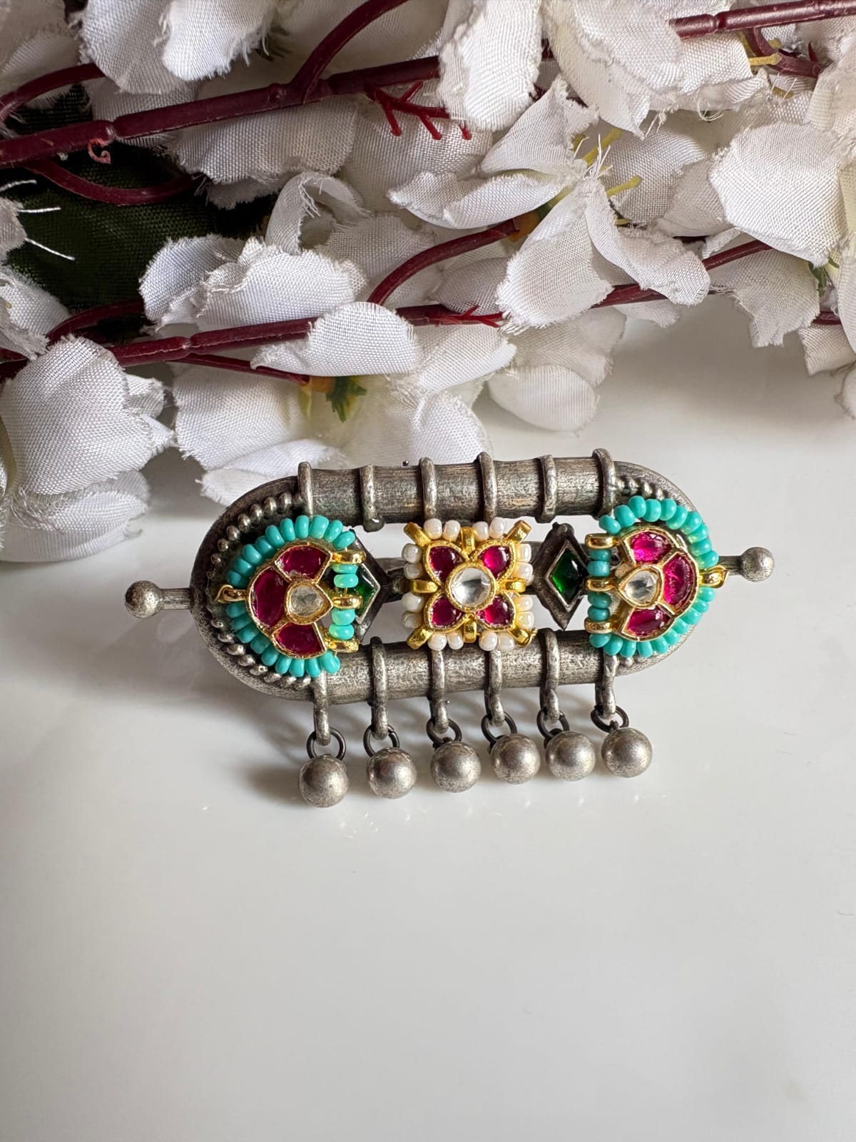 Upgraded Nayra Lotus Charm Oxidized Kundan Adjustable Ring by Alankrent