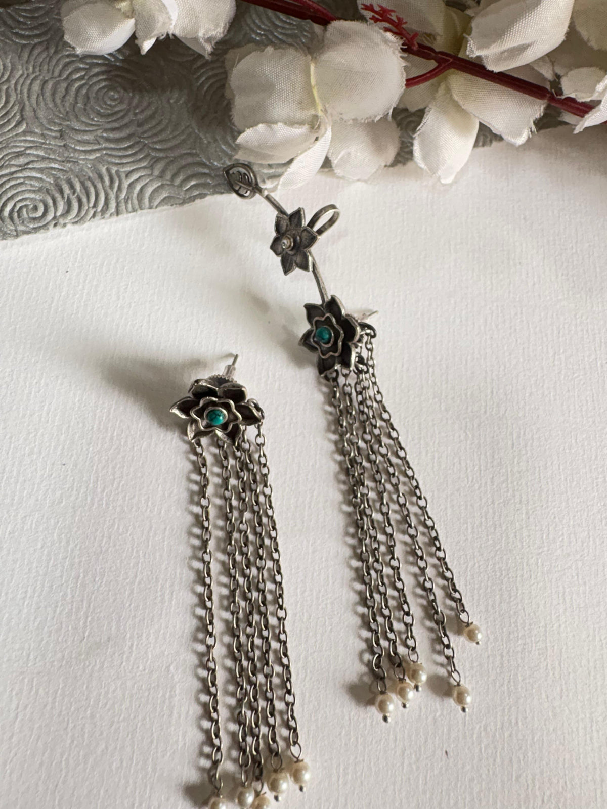 Phooljaal Stone Tassel Bugadi Ear Cuff with Pearl Drops Premium SLA Jewellery