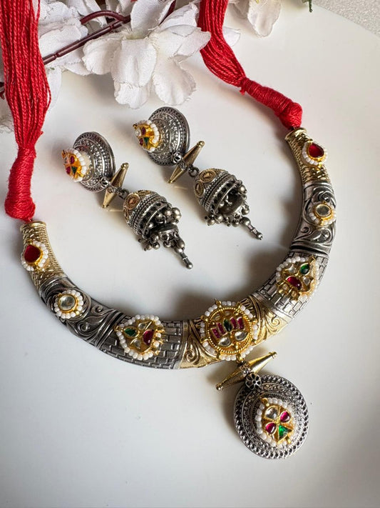 Dual Tone Kundan Hasli Necklace Set | Silver-Gold Finish | Bestseller Premium Collection by Alankrent