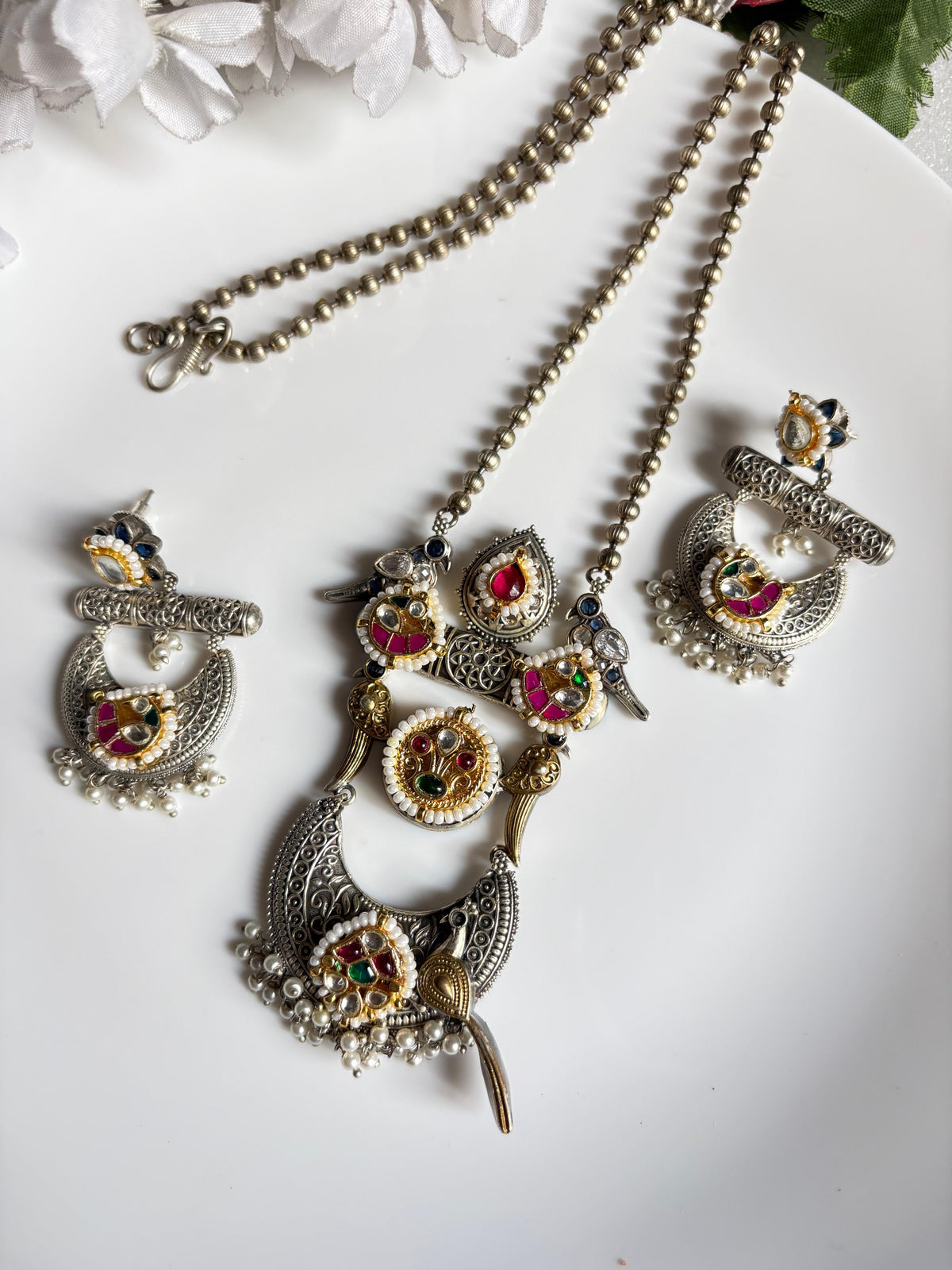 Morpankh Raag Dualtone Kundan Long Necklace Set | Traditional Fusion Jewellery with Earrings