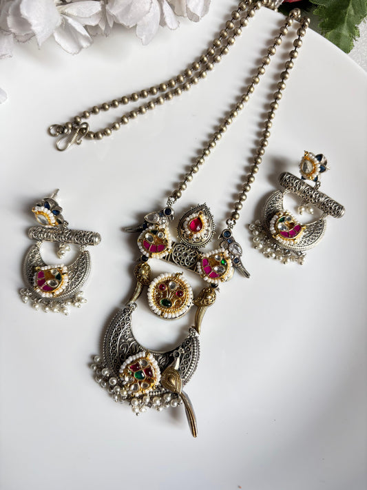 Morpankh Raag Dualtone Kundan Long Necklace Set | Traditional Fusion Jewellery with Earrings