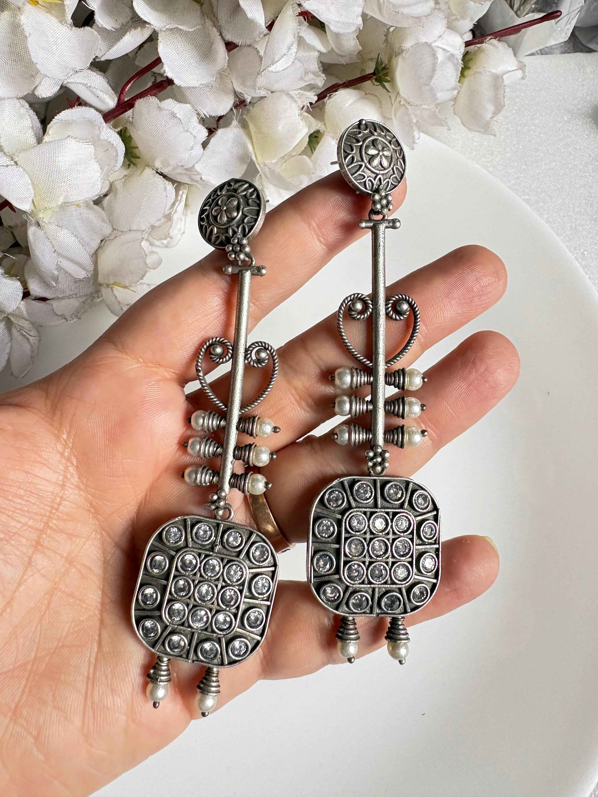 Premium Oxidised Long Stone Earrings for Women | Statement Traditional Dangler Earrings | Ethnic Jewellery