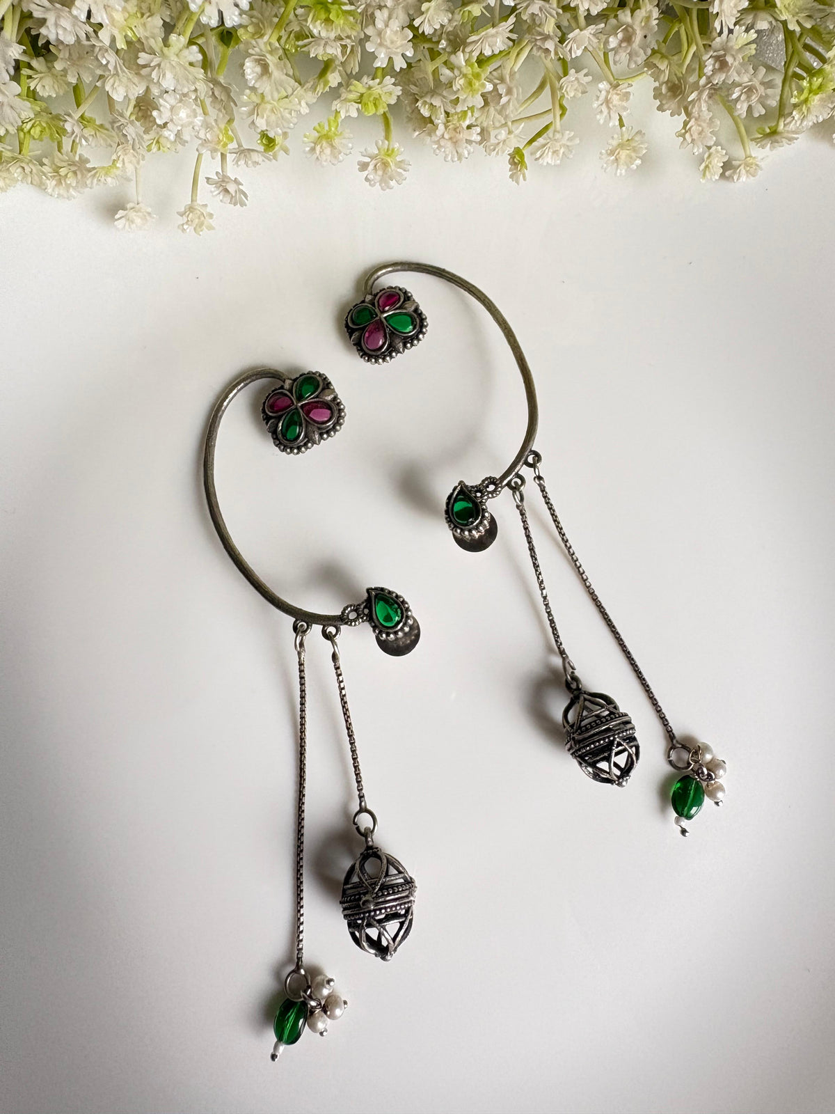 Vihangika Bird Stone Statement Earrings with Pearl Detailing