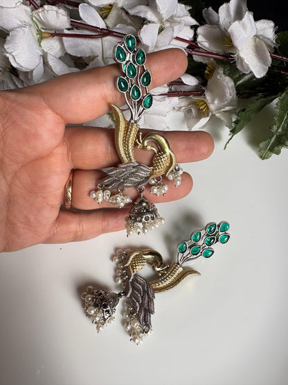 Mayurika Dual-Tone Peacock Jhumka Earrings | Indian Peacock Statement Jhumka Jewellery