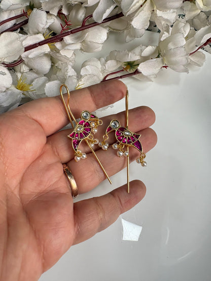 Mayuri Pakhi SLA Needle Earrings – Handcrafted Bird Motif Kundan Fusion Pearl Earrings