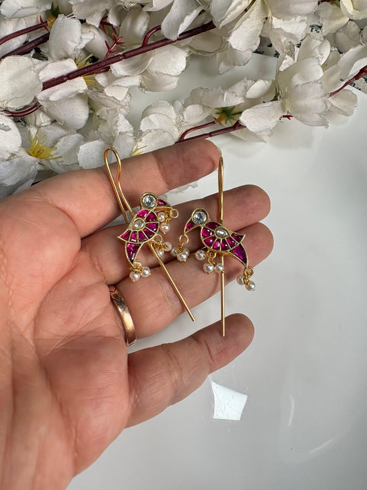 Mayuri Pakhi SLA Needle Earrings – Handcrafted Bird Motif Kundan Fusion Pearl Earrings