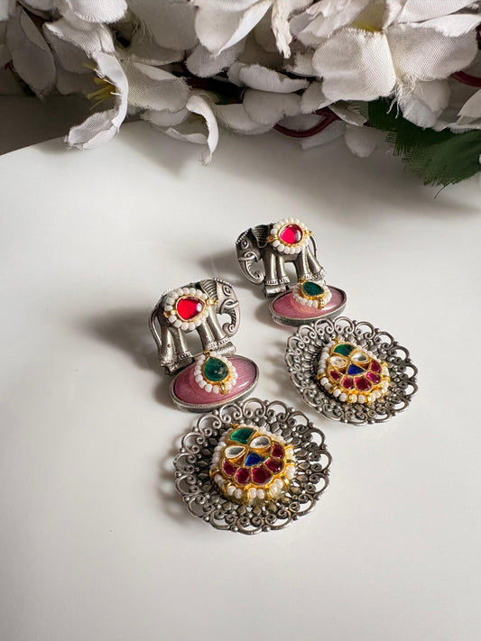 Gajraj Kundan Stone Earrings | Elephant Motif Pachi Kundan Fusion Earrings | SLA Imitation Jewellery