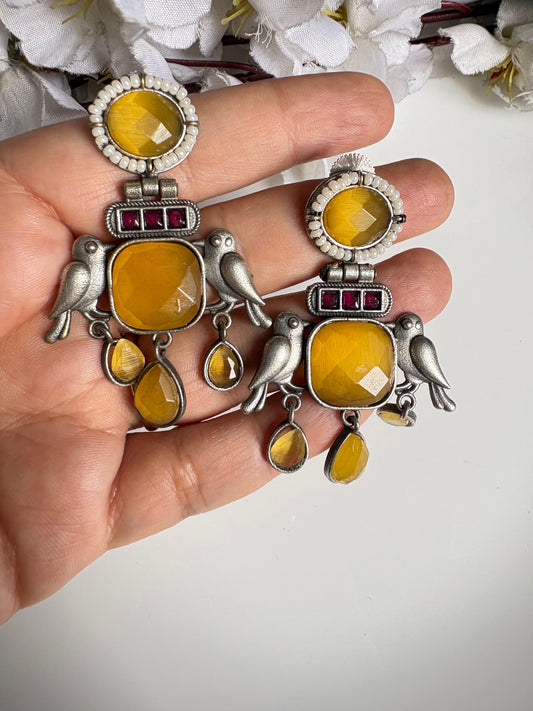 Vihangika Bird Stone Statement Earrings with Pearl Detailing