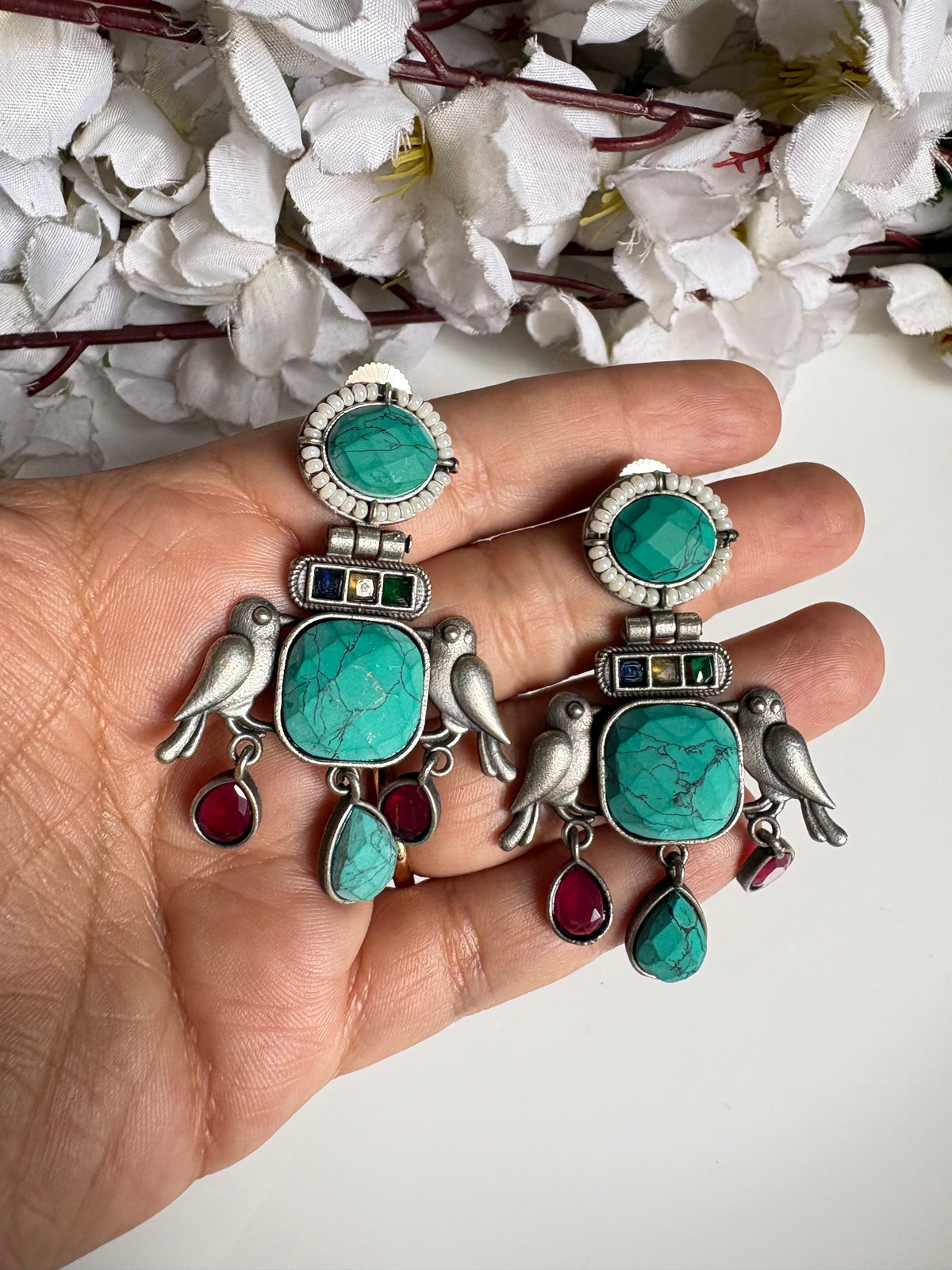 Vihangika Bird Stone Statement Earrings with Pearl Detailing