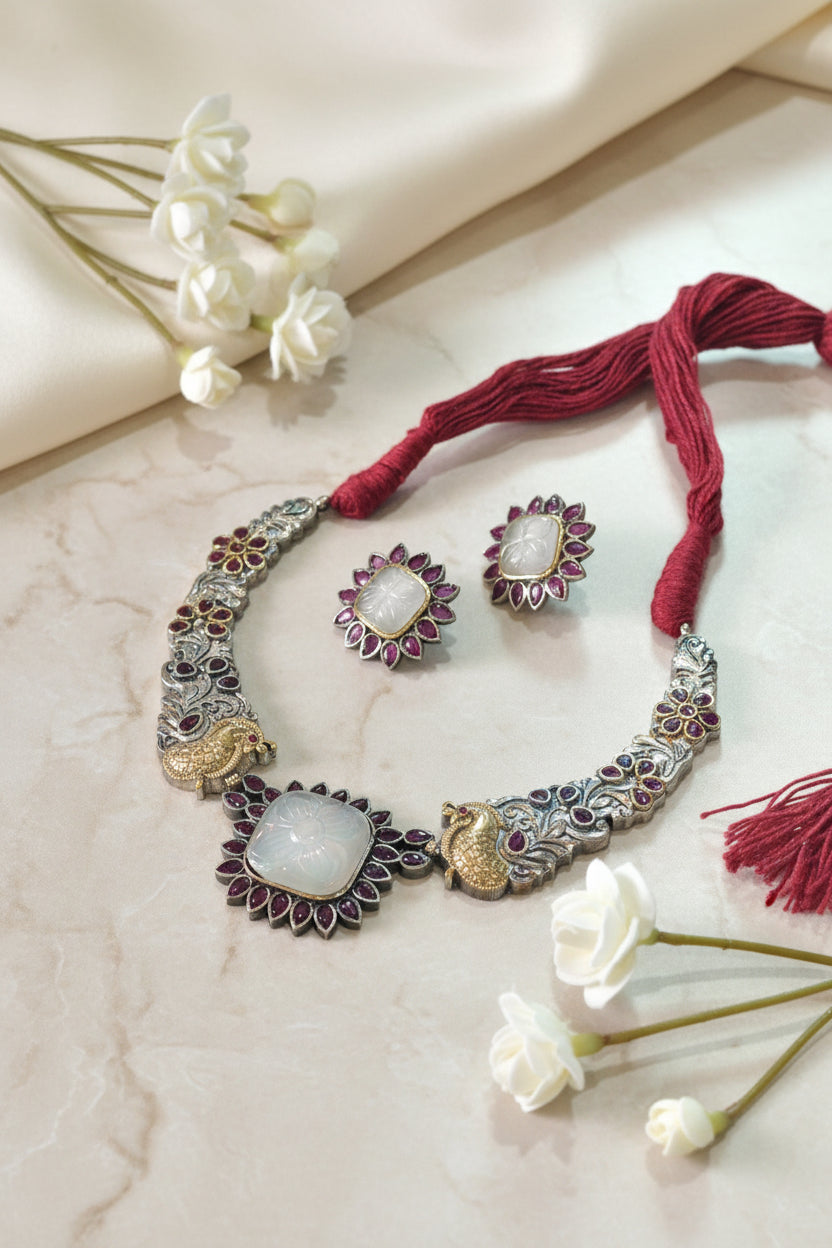 Meenakshi Kundan Hasli Necklace Set | Turquoise & White / White Ruby