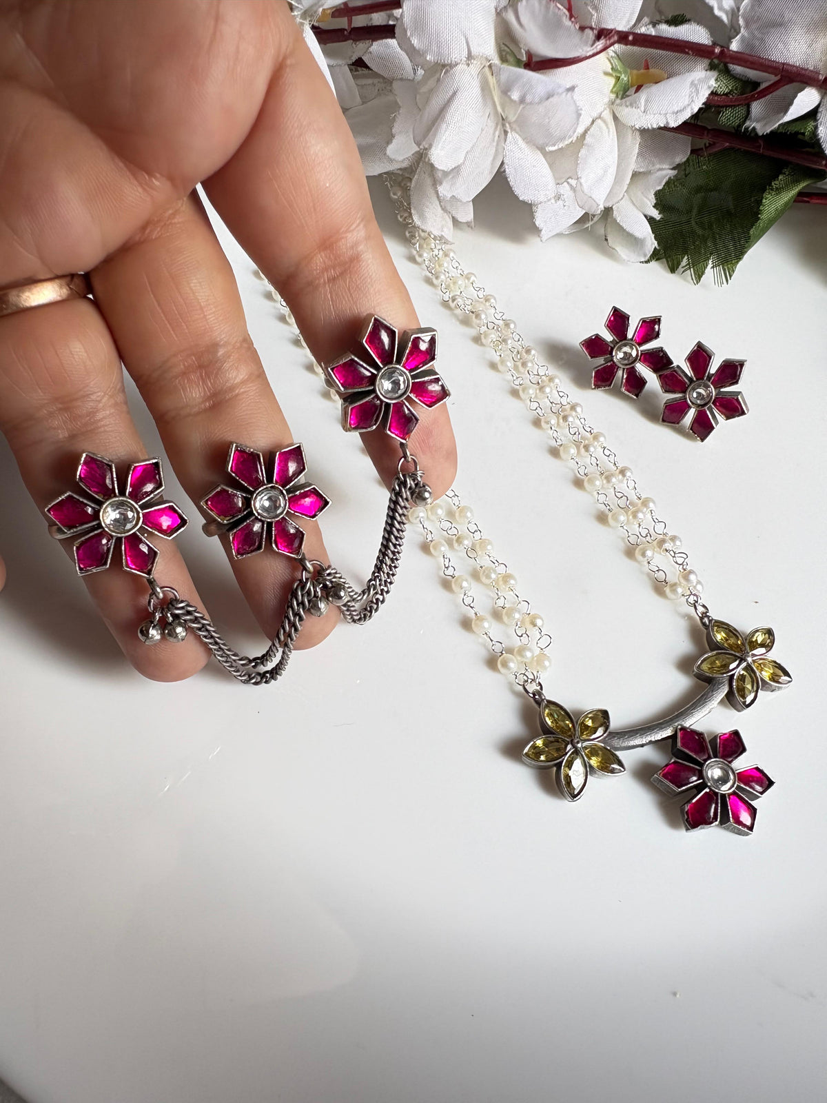 Aaradhya Premium Kundan Jewellery Combo Set | Pearl Necklace, Adjustable Triple Finger Ring & Kundan Tops
