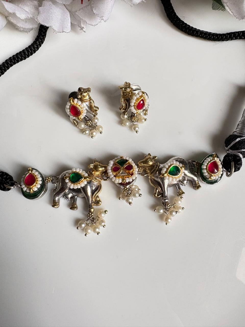Nandini Kundan Nandi Choker Set with Earrings | Traditional Temple Jewellery
