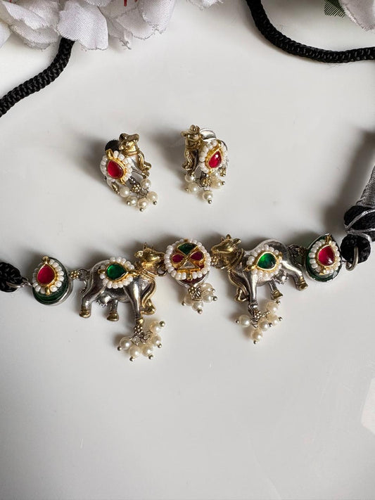 Nandini Kundan Nandi Choker Set with Earrings | Traditional Temple Jewellery