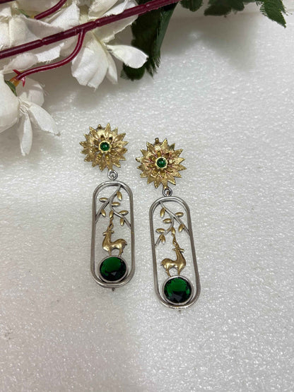 Dual Tone Deer Drop Earrings Silver Polish Stone Earrings