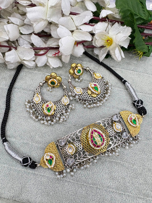 Vyanika Dualtone SLA Kundan Fusion Choker Necklace with Earrings | Navratri Jewellery