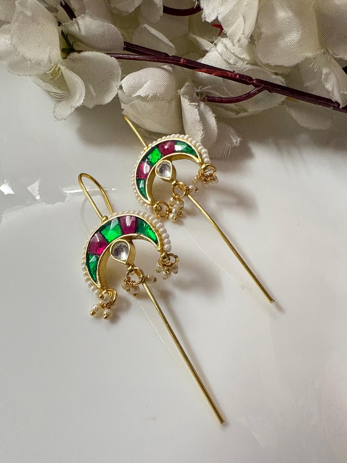 Premium Crescent Kundan Needle Earrings with Pearl Detailing Handcrafted Wedding and Festive Jewellery Alankrent Luxe - Alankrent Luxe