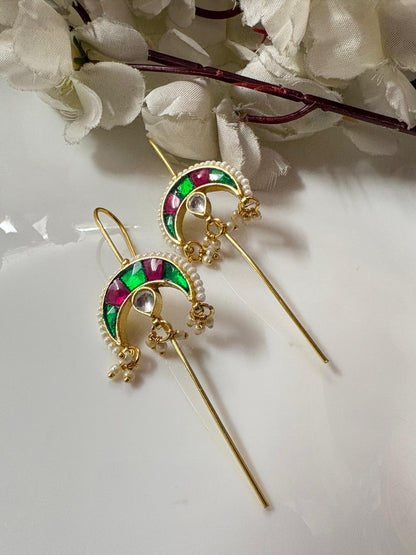 Premium Crescent Kundan Needle Earrings with Pearl Detailing Handcrafted Wedding and Festive Jewellery Alankrent Luxe - Alankrent Luxe