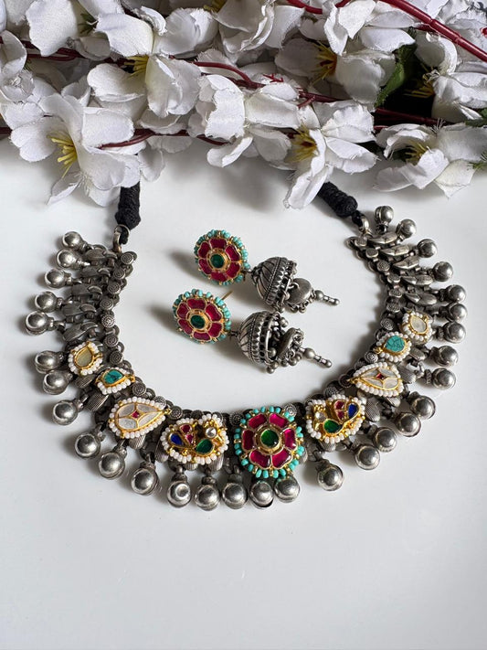 Gulraang SLA Kundan Thread Necklace Set with Jhumka Earrings | Premium Dualtone Jewellery